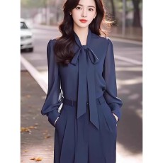 批发今年流行蓝色蝴蝶结系带衬衣<b class='q'>长袖</b>衬衫女绝美上衣春秋季