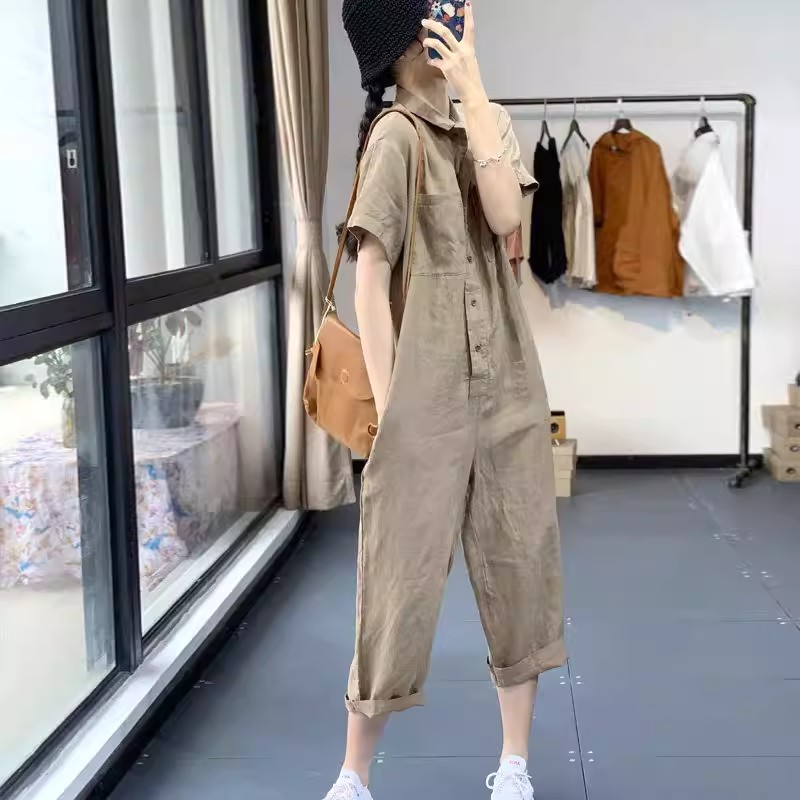 점프 슈트 여름 유럽 상품 얇은 스타일 워크웨어 팬츠 작은 키 점프 슈트 바지 캐주얼 넓은 다리 9부 바지 반팔 세트