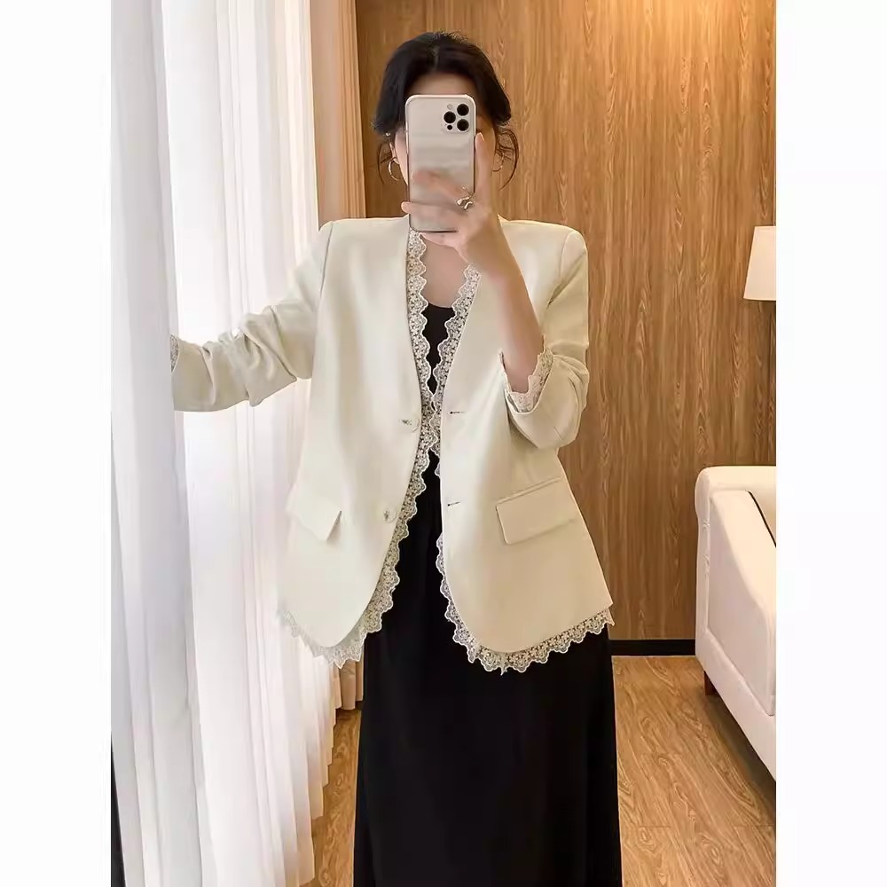 RY367# 蕾丝拼接小香风西装外套女2026年春季新款韩系温柔风显瘦西服...