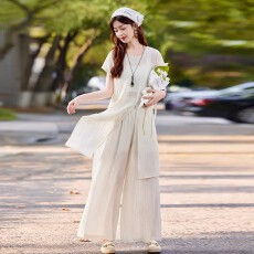 批发小众不规则上衣阔腿<b class='q'>裤</b><b class='q'>套装</b>女2026新款高级感遮肉棉麻<b class='q'>裤</b>裙两件套潮