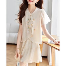 批发新中式国风刺绣短袖雪纺衬衫女夏装2026年新款时尚百搭半身裙套装