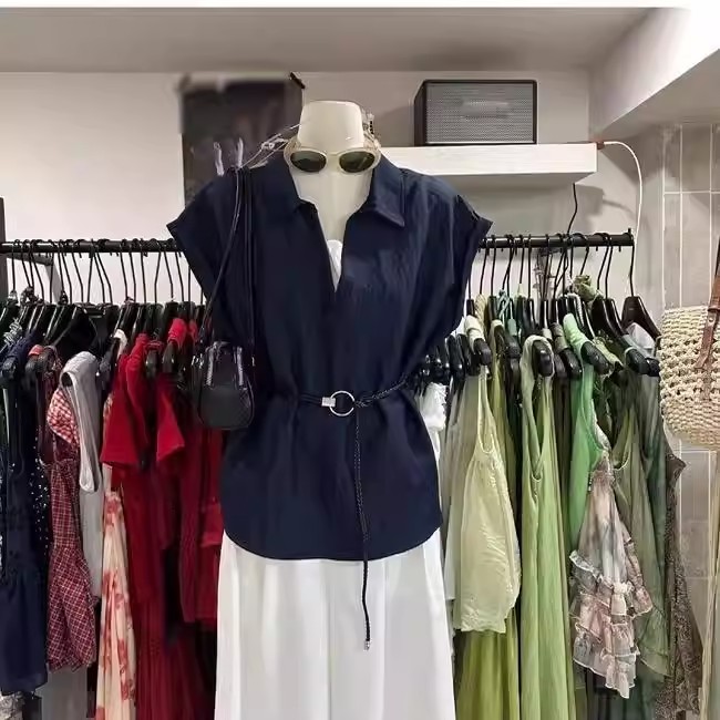 패션 외국 가스 페이크 레이어드 V넥 반팔 여성 셔츠 2025 여름 빅 사이즈 지방 mm 고급 센스 허리 수축 표지 배 맨위