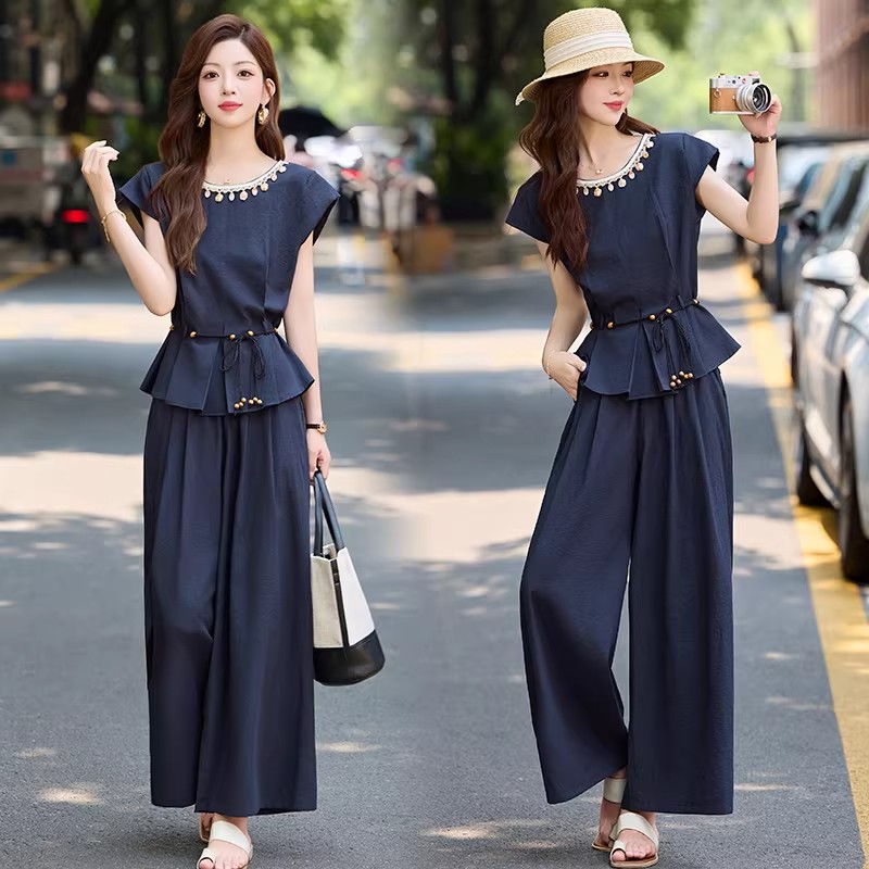 고급 패션 작은 샤넬 스타일 면 린넨 세트 여성 2025 여름 새로운 허리 수축 비즈 박기 맨위 와이드 레그 팬츠 투피스 세트