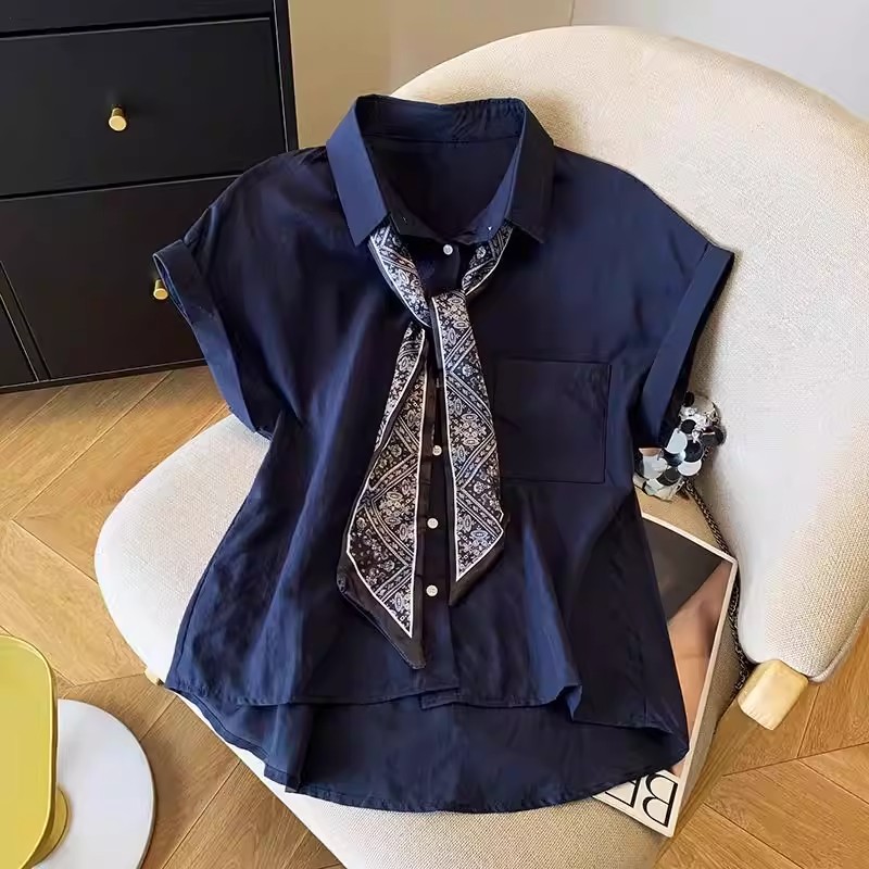 파란색 POLO 칼라 경기 스카프 민소매 여성 셔츠 여름 2026 새로운 루즈핏 캐주얼 셔츠 품격 슬림해 보이는 맨위