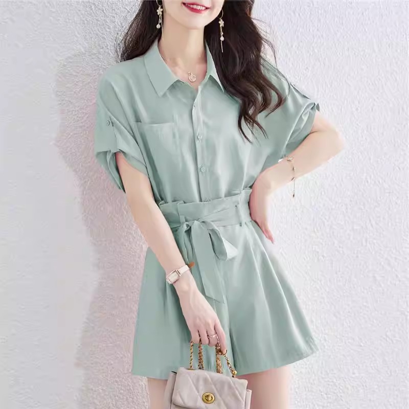 투피스 세트 반팔 셔츠 넓은 다리가 짧다. 바지 세트 전체 집합 루즈핏 캐주얼 연령 감소 외국 가스 워크웨어 패션 여성 여름