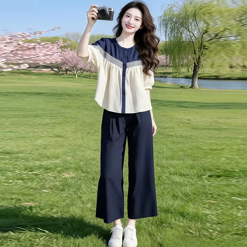 패션 세트 여성 2026 여름 새로운 세련된 외국 가스 표지 배 슬림해 보이는 루즈핏 셔츠 와이드 레그 팬츠 투피스 세트