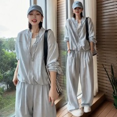 批发时尚休闲套装女2026春季<b class='q'>新款</b>洋气亚麻防晒服开衫阔腿裤显瘦两件套