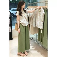 批发新中式时尚套装女2026夏季新款国风盘扣印花上衣气质阔腿裤两件套