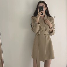 批发经典款<b class='q'>春</b>秋复古韩版收腰显瘦腰带西装外套女神范设计感连衣裙西服