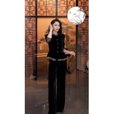 批发新中式<b class='q'>金丝</b><b class='q'>绒套装</b><b class='q'>女</b>2026秋新款国风时尚优雅拼接上衣阔腿裤<b class='q'>两件</b>套