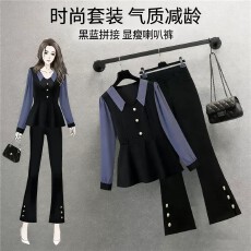 批发<b class='q'>大码</b>气质显瘦遮肉套装通勤新款微喇裤长袖雪纺衬衫上衣收腰两件套