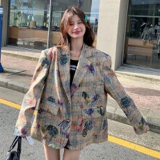 批发时尚涂鸦格子西装外套<b class='q'>女</b>2026年春秋季新款小个子休闲设计感西服潮