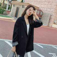 批发chic西装外套女中长款<b class='q'>格子</b>黑色宽松韩版学生小西服外套2026春秋款