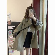 批发<b class='q'>春</b>季新款休闲撞色格纹风衣外套女学生廓形慵懒宽松显瘦百搭大衣