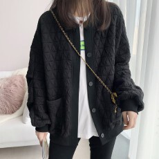 批发黑色大码菱格松弛开衫短外套女秋季新款宽松休闲小个子上衣棒球服