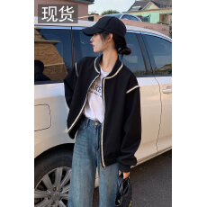 批发小香风外套女秋季宽松百搭开衫春秋黑色夹克小个子棒球服<b class='q'>短款</b>上衣