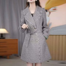批发高级灰软精纺中长款<b class='q'>西装</b>领外套女秋季新款大码宽松优雅洋气质风衣