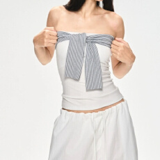 批发夏新款复古露背条纹绑带拼接设计感抹胸修身显瘦上衣
