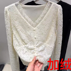 批发报单有货法式镂空钩花v领蕾丝衫秋冬加绒打底衫<b class='q'>不规则</b>开叉上衣