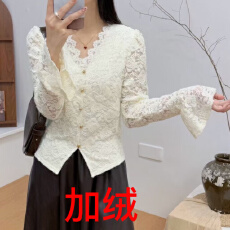 批发报单有货韩系V领加绒蕾丝衫钩花长袖<b class='q'>衬衫</b>秋冬新款女下摆开叉上衣