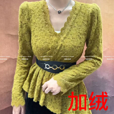 批发报单有货气质复古镂空v领蕾丝衫冬加绒款收腰显瘦<b class='q'>不规则</b>上衣长袖