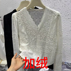 批发报单有货韩系木耳边V领重工钩花<b class='q'>蕾丝衫</b>秋新款温柔风甜美百搭上衣