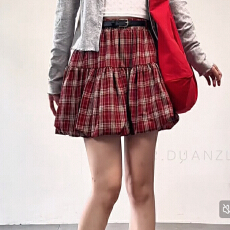 批发报单有货送腰带砖红色花苞裙裤<b class='q'>短</b>裙复古格纹半身裙秋冬磨毛格子裙