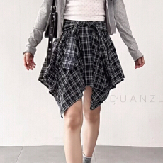 批发报单有货格纹假衬衣绑带<b class='q'>短裙</b>休闲<b class='q'>夏季</b>不规则半身裙小个子裙子