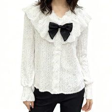 批发报单有货少女感娃娃领蝴蝶结<b class='q'>蕾丝</b>荷叶领长袖衬衫水貂毛上衣