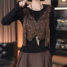 报单有货秋冬新款时尚豹纹拼接假两件上衣修身显瘦打底衫上衣长袖