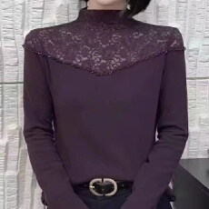 批发报单有货轻熟减龄<b class='q'>妈妈装</b><b class='q'>时尚</b>秋冬女装紫色半高领蕾丝镂空打底衫