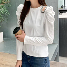 批发报单有货泡泡袖镂空钉珠上衣秋冬新款纯棉<b class='q'>打底衫</b>内搭洋气露肩上衣