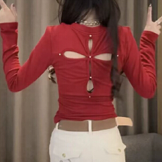 批发报单有货纯欲风V领露背<b class='q'>镂空</b>长袖T恤冬新款修身显瘦百搭打底<b class='q'>衫</b>上衣