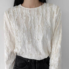 批发报单有货韩国代购设计感肌理感蕾丝圆领珍珠长袖<b class='q'>衬衫</b>上衣