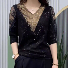 批发报单有货v领烫钻<b class='q'>t</b><b class='q'>恤</b>时尚新款春秋装<b class='q'>妈妈</b>遮肚子显瘦长袖打底衫上衣