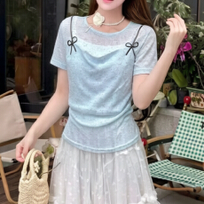 批发报单有货别致蝴蝶结立体拼接假两件T恤春夏新款减龄针织打底衫