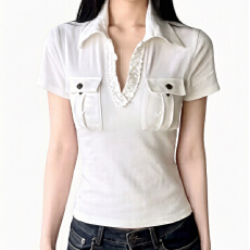 批发报单有货美式复古白色工装口袋POLO领<b class='q'>衬衫</b>收腰低胸V领<b class='q'>短袖</b><b class='q'>T</b><b class='q'>恤</b>上衣