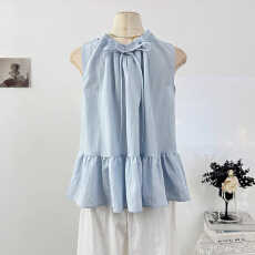 批发报单有货荷叶边甜美蝴蝶结系带圆领<b class='q'>无袖</b>背心时尚减龄宽松裙摆上衣