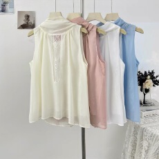 批发报单有货设计感法式气质拼接蕾丝<b class='q'>雪纺</b><b class='q'>衫</b>小众无袖上衣新款心机女装