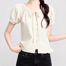 批发报单有货蓝色蝴蝶结系带短袖衬衫女夏新款<b class='q'>蕾丝</b>边<b class='q'>娃娃衫</b>衬衣短上衣