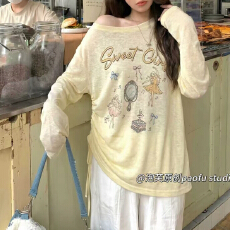 批发报单有货韩系春<b class='q'>宽松</b>显瘦圆领长袖T恤<b class='q'>打底衫</b>上衣卡通图案防晒罩衫