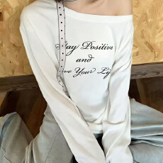 批发报单有货斜露肩T恤长袖春夏新款韩版<b class='q'>宽松</b>字母印花<b class='q'>打底衫</b>洋气上衣