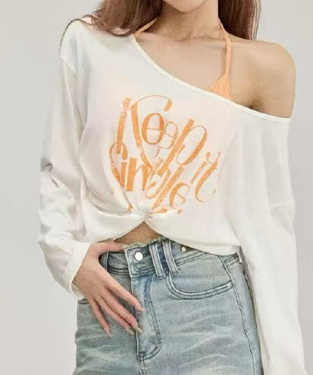 주문 재고 있음 여름 휴가 바람 행침 목 슬립 오프숄더 알파벳 프린트 긴팔 티셔츠 자외선 차단 맨위 투피스 세트