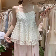 批发报单有货法式重工华夫格立体网纱吊带背心<b class='q'>宽松</b>显瘦娃娃衫无袖上衣