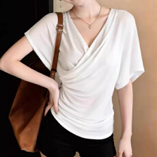 报单有货白色V领正肩短袖T恤新款夏大码掐腰显瘦遮肚法式上衣