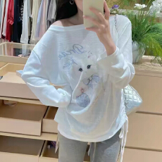 报单有货春夏韩版宽松卡通印花猫咪长袖T恤一字肩斜肩上衣防晒衣