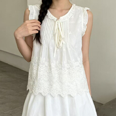 批发报单有货韩系<b class='q'>甜美</b>风减龄刺绣镂空系带上衣度假风木耳边无袖小衫