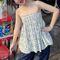 批发报单有货越南代购Aufra碎花抹胸A字衬衫连衣裙两穿可调节松紧上衣