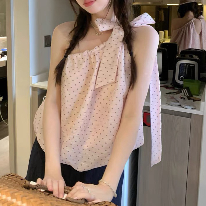 주문 재고 있음 핑크색 도트 무늬 맨위 민소매 여성 비스듬한 어깨 슬림해 보이는 티셔츠 여름 아름다운 해변가 착용 가져 가라. 리본 조끼