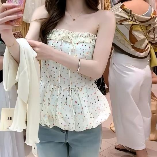 주문 재고 있음 휴가 바람 색상 도트 무늬 튜브탑 조끼 레이스업 꽃밭 허리 수축 슬림해 보이는 달콤한 핫걸 슬립 맨위